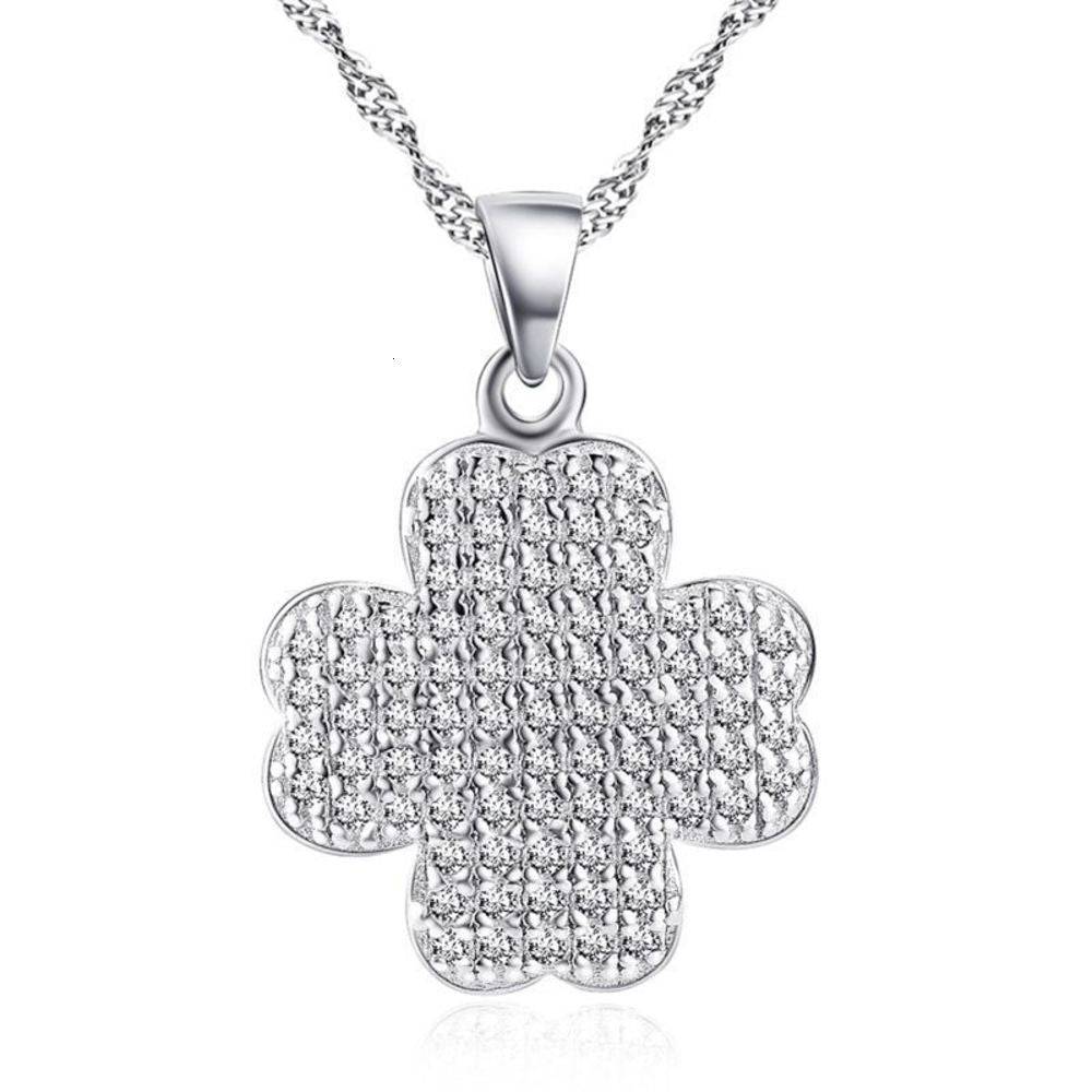 S925 Sterling Silver Pendant four leaf grass inlaid with water drill zircon necklace silver jewelry