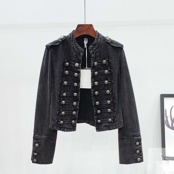Spring Female Vintage Casual Stand Collar Long-sleeved Beading Black Short Denim Jacket Cardigan Coat 8Y896 210510