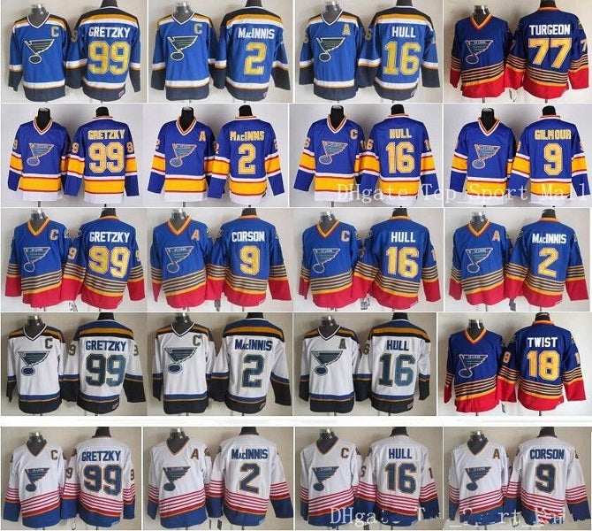 St Louis Blues Jerseys Ice Hockey Vintage 16 Brett Hull 99 Wayne Gretzky 2 AL MacINNIS 9 Shayne Corson 9 Doug Gilmour blue white