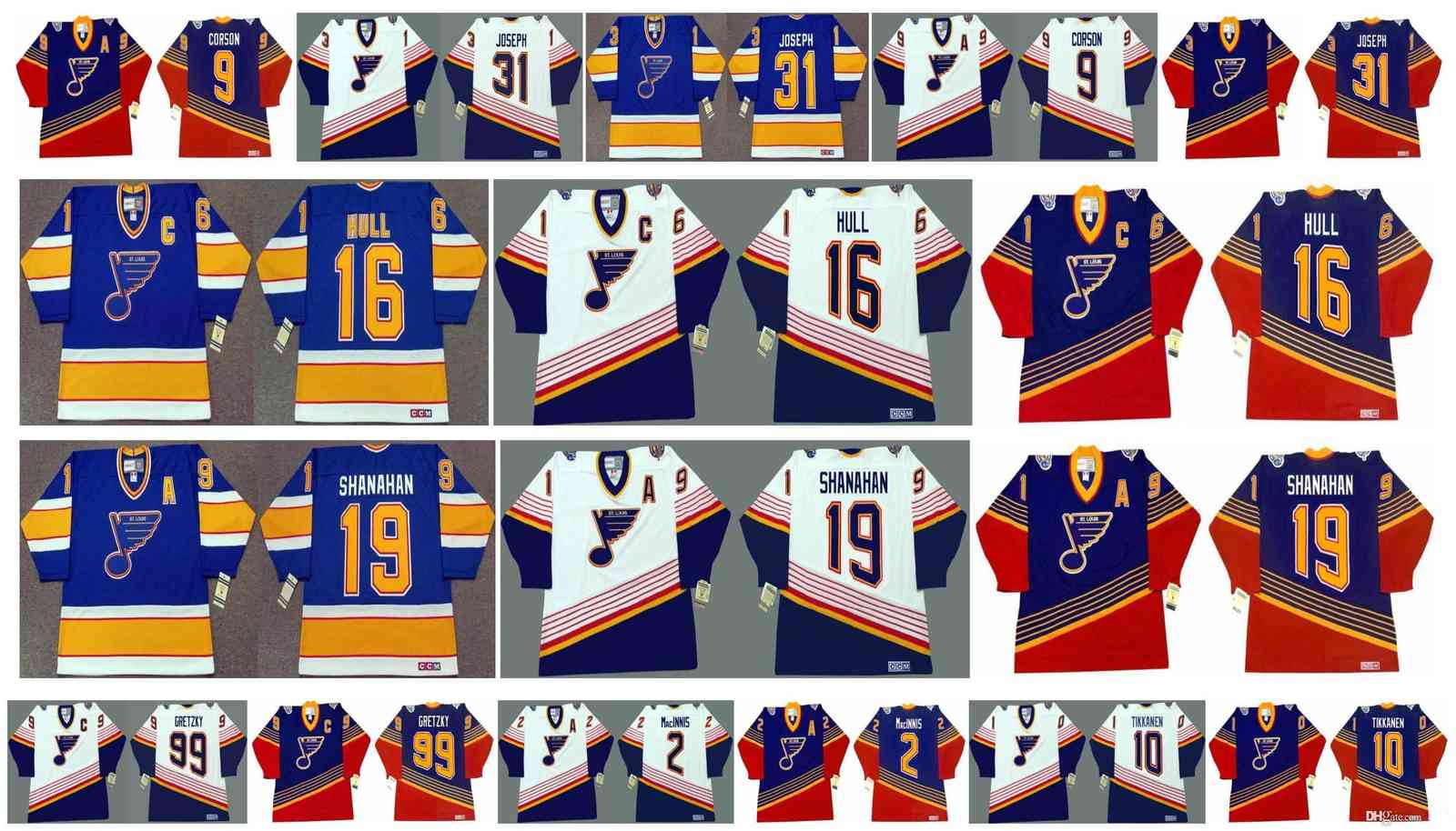 Vintage St. Louis Blues Jersey 10 Esa Tikkanen 19 SHANAHAN 2 AL MacINNIS 31 CURTIS JOSEPH 16 Brett Hull 99 Wayne Gretzky Retro CCM Hockey