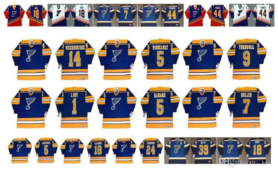 Vintage St. Louis Blues Jersey 14 Doug Wickenheiser 5 ALAIN VIGNEAULT 9 TURNBULL 5 ROB RAMAGE 7 Joe Mullen MIKE LIUT GUY LAPOINTE CCM Hockey