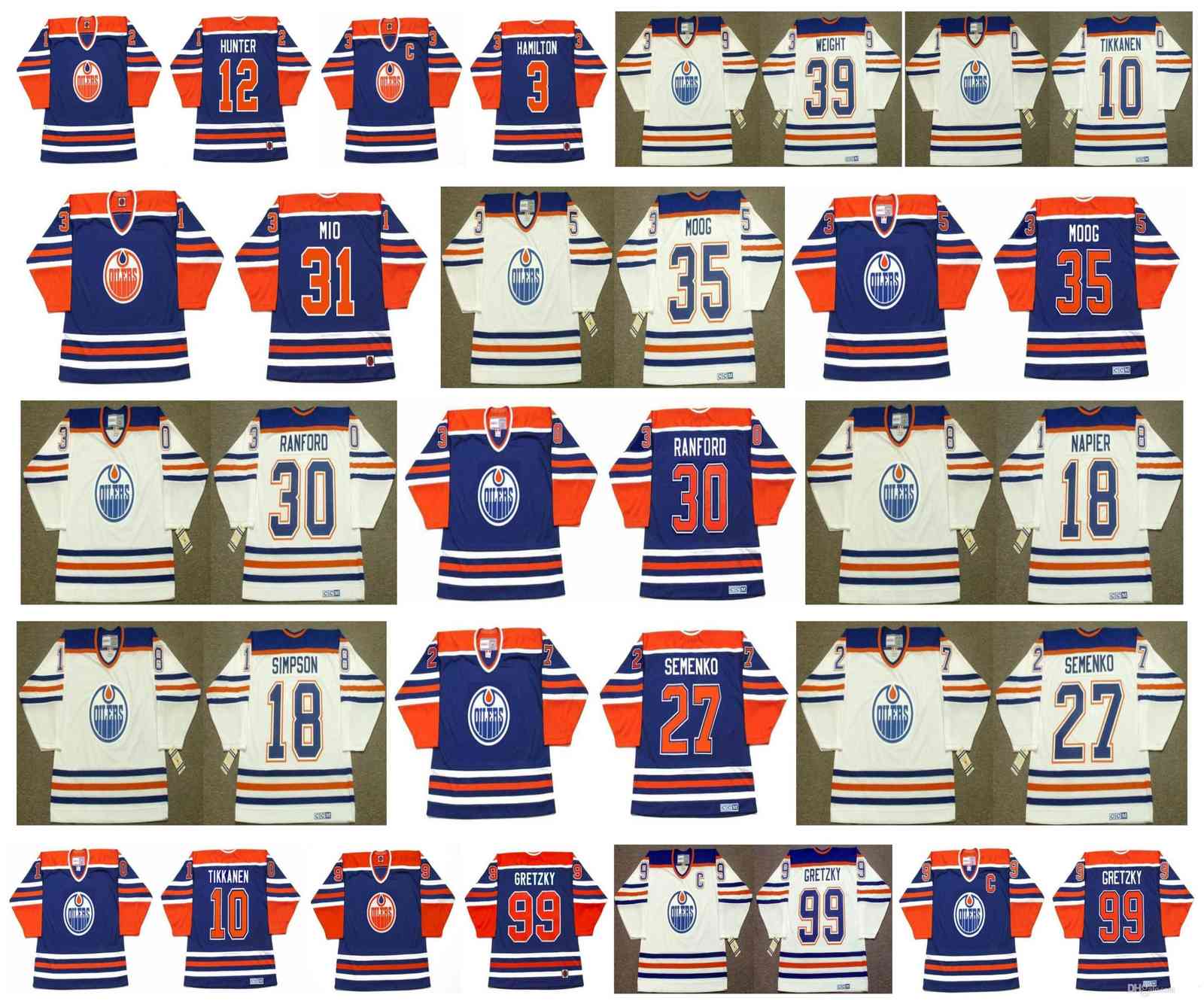 Vintage Edmonton Oilers Jersey 99 Wayne Gretzky 18 CRAIG SIMPSON 27 DAVE SEMENKO 30 Bill Ranford 18 MARK NAPIER 35 ANDY MOOG Retro Hockey