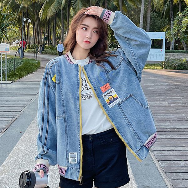 Spring Female Turn Down Collar Long-sleeved Minimalist Panelled Letter Zipper Blue Denim Jacket Cardigan Coat 8P082 210510