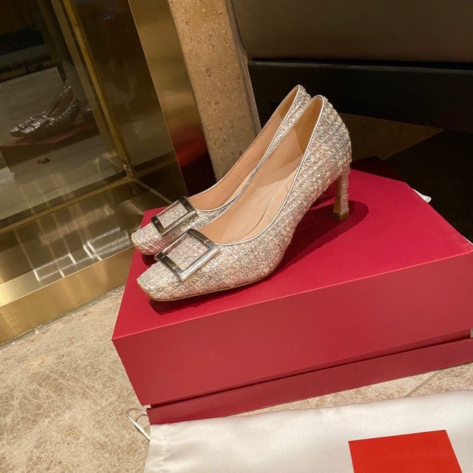 2021 Dress shoes fashion high heels for women party wedding triple black nude yellow pink glitter spikes Pointed Toes Pumps