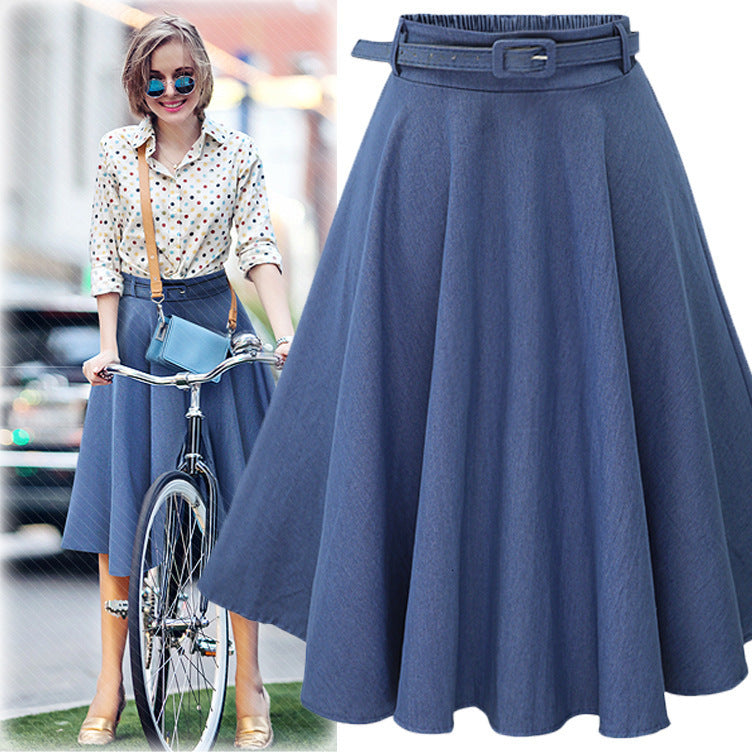 Casual Dresses Women A-Line Skirts High Waist Denim Loose Belt Pleated Jean Jupe Femme Saias Mujer Midi 6PVU