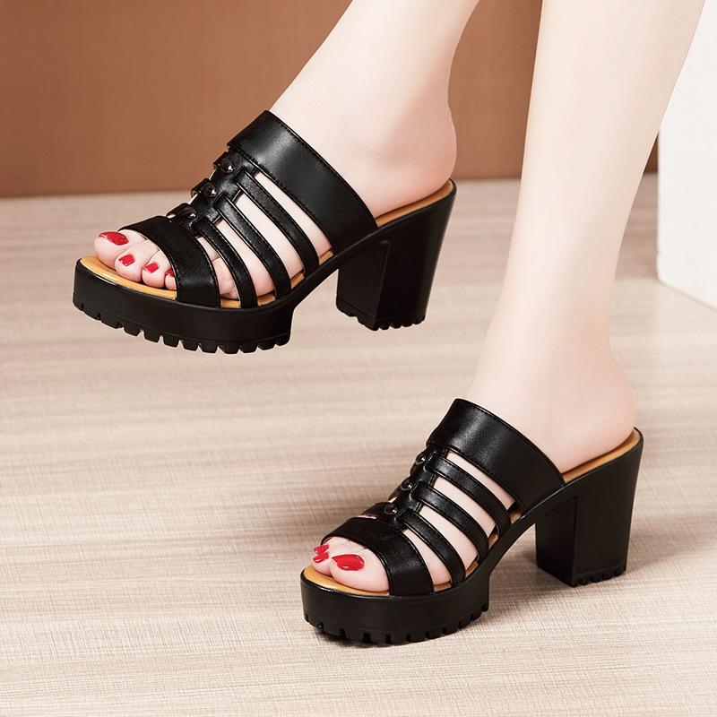 Big Size 32-43 Block Heel Platform Slippers Women Wedding Shoes Summer 2021 Cutout High Heels Ladies Office
