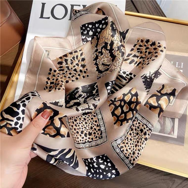 Luxury Silk Neck Scarf For Women Leopard Print Kerchief Small Hijab Scarfs Ladies 53*53cm Square Headband Bag Scarves Female