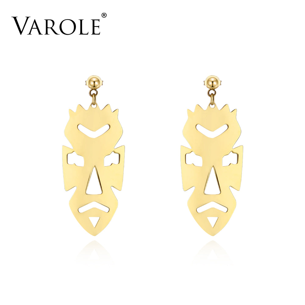 VAROLE New Stainless Steel Face mask Shape Style Earrings for Women Gold Color Long Drop Earring for Woman Wholesale