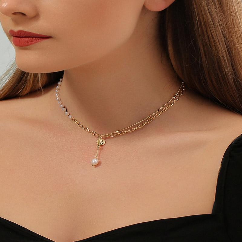 Vintage Elegant White Imitation Pearl Chain Necklace Gold Color Round Portrait Pendant For Women Fashion Choker Jewelry Necklaces