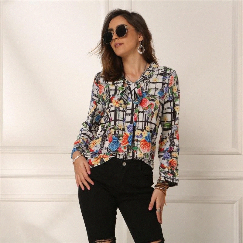 Women&#039;s Tops Blouses Elegant Print Office Women Shirt Tops 2020 fashion Blouse Women Long Sleeve Bow Collar 2020 Spring q6EG#