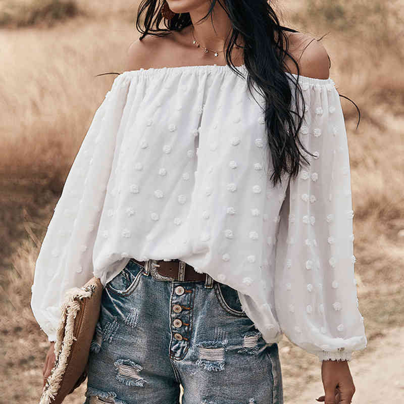 Women&#039;s Polos Spring Off Shoulder White Chiffon Blouses Women Long Sleeve Loose Fashion 2021 Arrival Female Pink Chic Tops JI8U