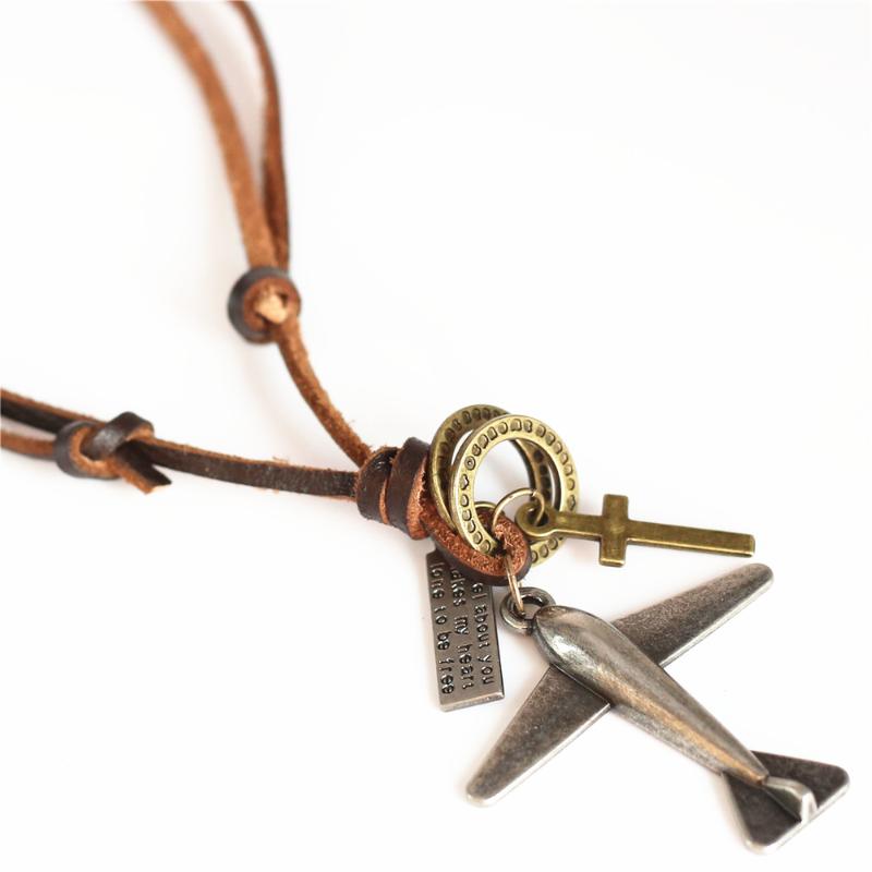 Pendant Necklaces Long Genuine Leather Rope Chain Handmade Punk Brown Cowboy Alloy Hoops Plane Cross Men Necklace Women Homme Jewelry