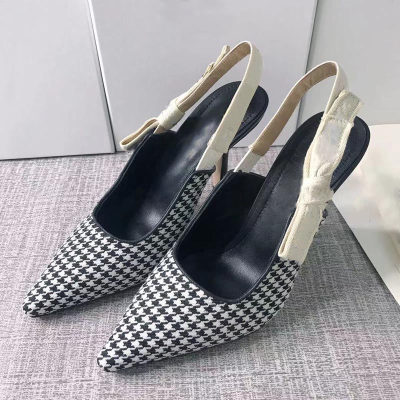 Fashion bow high heels summer women&#039;s sandals pointed toe small fragrance houndstooth Baotou word sweet office shoes