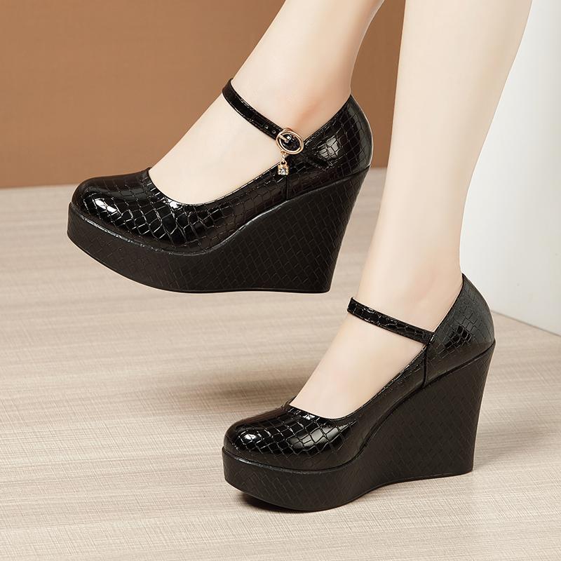 Dress Shoes GKTINOO 2021 Spring Autumn Leather Women&#039;s Fashion High Heels Pumps Wedges Black Office Female Platform Large Size
