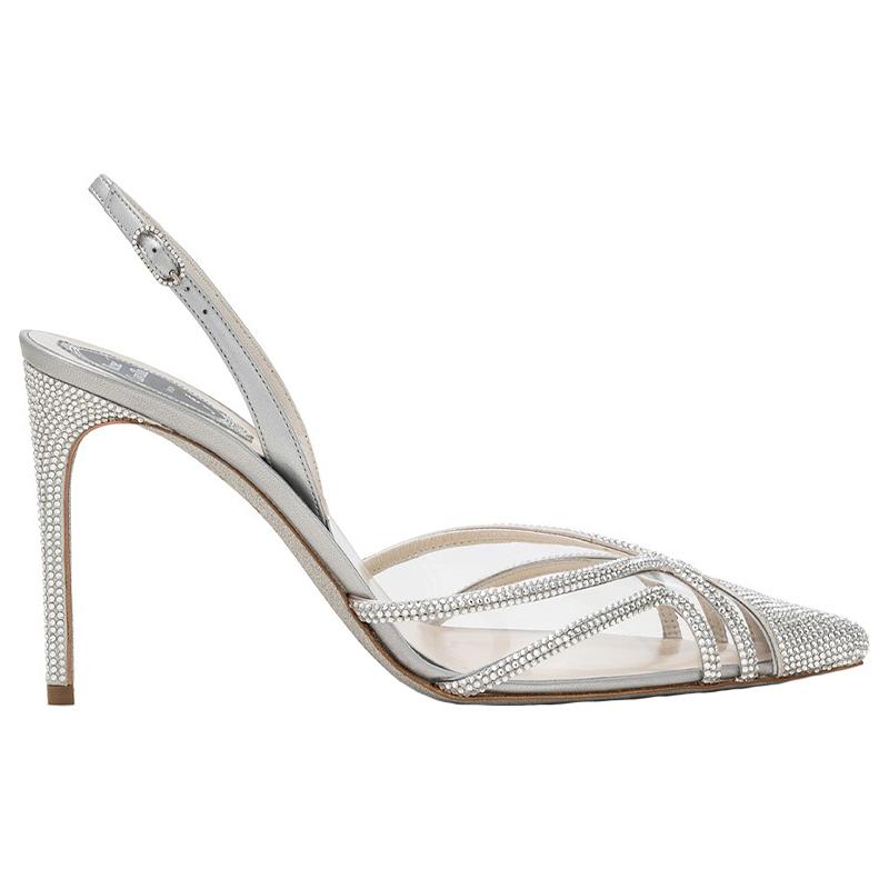 Dress Shoes Summer Woman Embellished Crystals Thin High Heels 8cm 10cm Pumps Strass Mesh Glitter Sandals Perspective Slingback