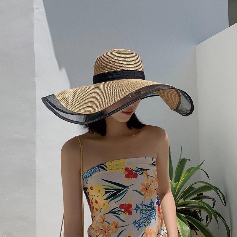 Wide Brim Hats 4 Colors Net Gauze Large Dome Straw Hat Flat Eave Summer Sunshade Travel Party Sea Side Weft Knitting Cap