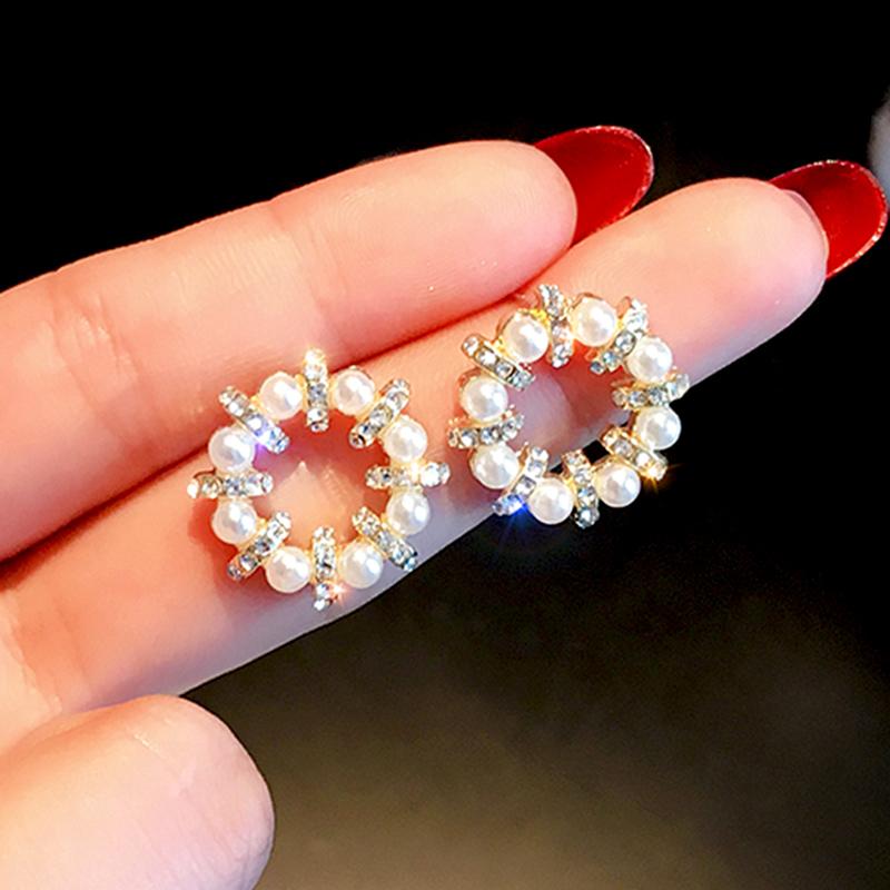 Stud Design 14K Real Gold Circle Pearl Earrings For Women Charm Jewelry S925 Silver Needle Shiny Zirconia Party Gift