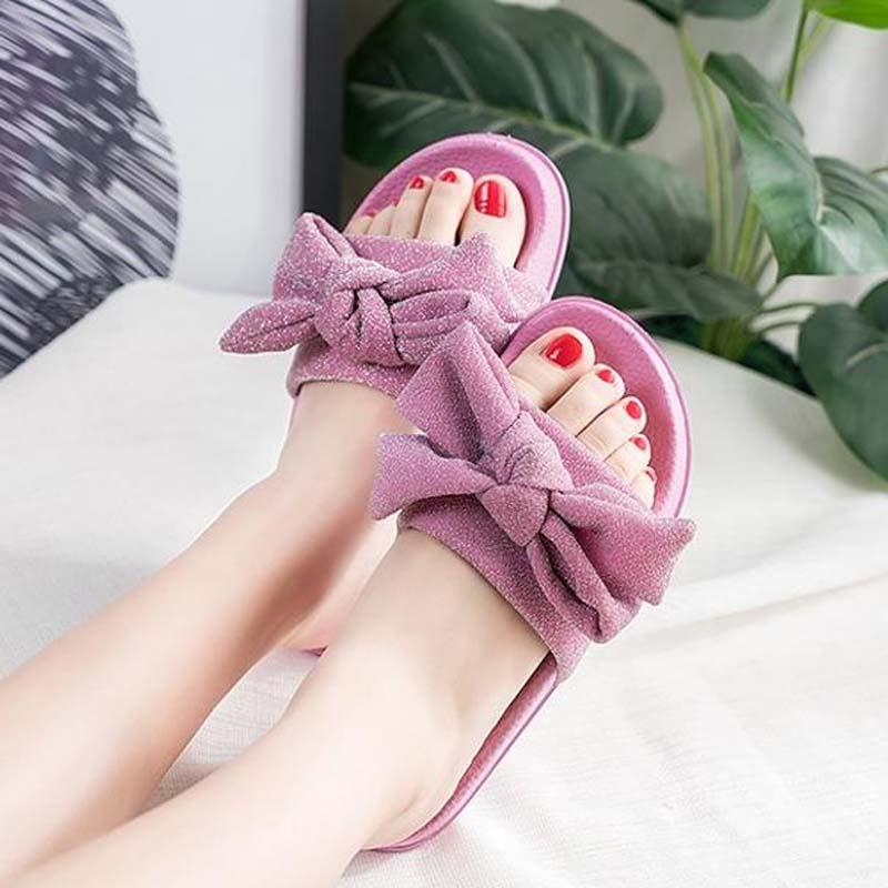 Slippers 1PR Glitter Pink Women Brand Designer Lady Bling Sandals Silk Butterfly-knot Bow Flat Beach Slides Shoes