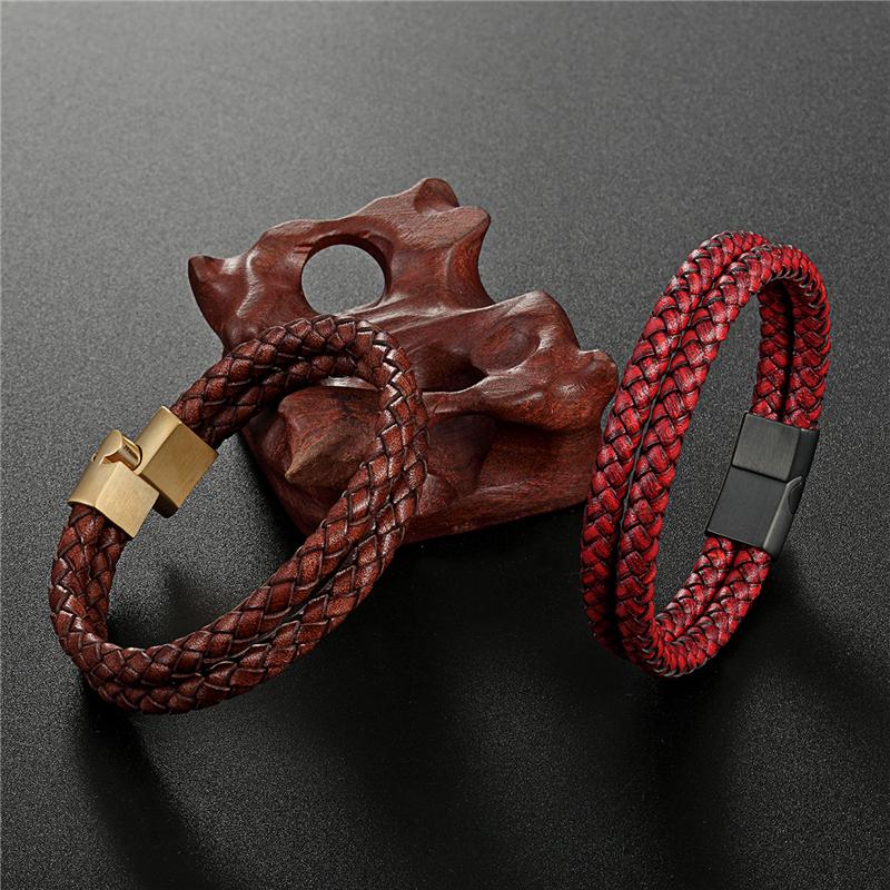 Link, Chain 4 Color Retro Genuine Braided Leather Bracelet Women Men Stainless Steel Double Layer Magnetic Charms Gift