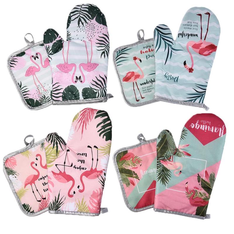 Oven Mitts 2 Pieces Flamingo Pattern Microwave Gloves Insulated Pad CPadded Anti-Scalding High Temperature Resistant Pot Holder