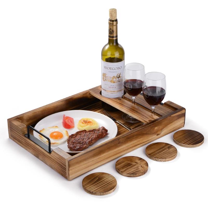 Dishes & Plates Rustic Wooden Serving Tray Plate Wine For Bed Ottoman Coffee Table Breakfast Tea With Glass Holder 4 Coasters