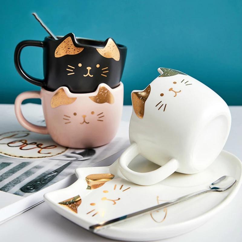 Mugs 200ML Cartoon Ceramics Cat Mug Set With Saucers Spoon Coffee Milk Cute Creative Breakfast Drinkware Birthday Gift Porcelain