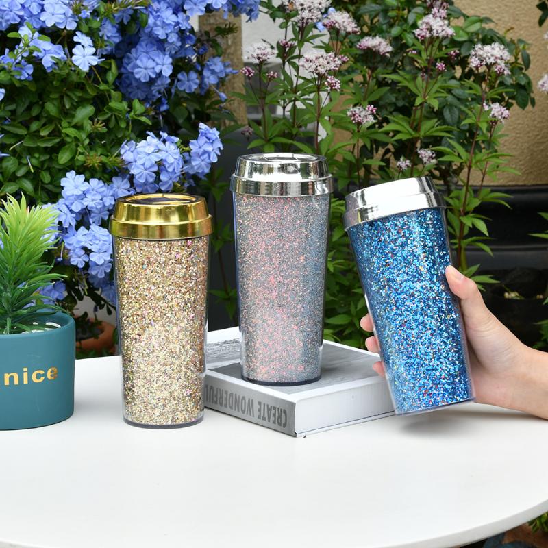 Mugs Creative Portable Double-layer Plastic Ready-to-hand Cup Water Glitter Flashing Coffee Car Travel Wedding Gift