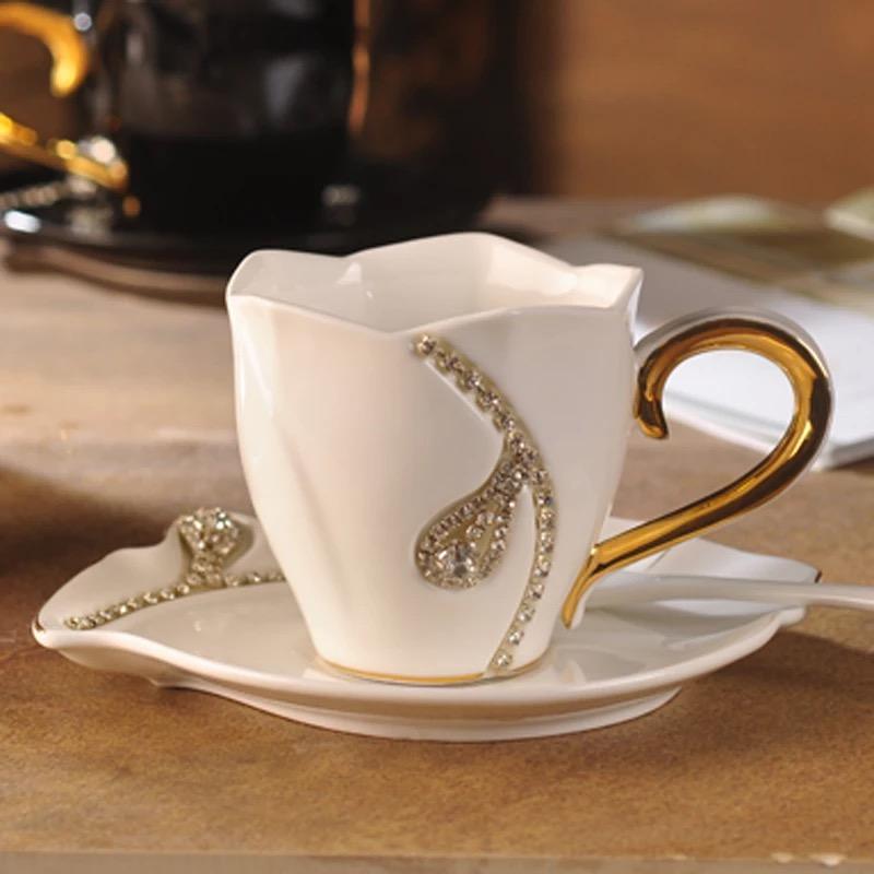 Mugs Coffee Mug Creative Gift Lovers Tea Cups 3D Ceramic With Rhinestones Decoration And Saucers WF106