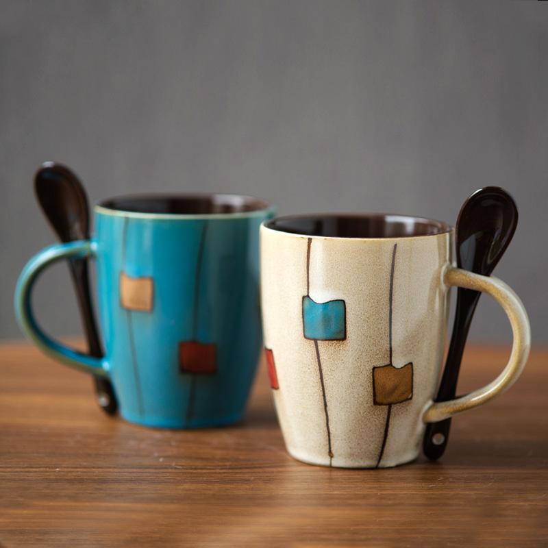Mugs 1pcs Ceramic Vintage Colorful Geometric Pattern Drum With Spoon Lid Porcelain Milk Coffee Cup Drinkware Novelty Gift