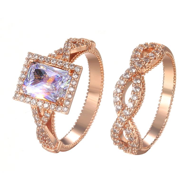 Wedding Rings Women Ring Gold Plated Geometric Square Cubic Zirconia Banquet Couple Set Give Girlfriend Gift Fashion Jewelry