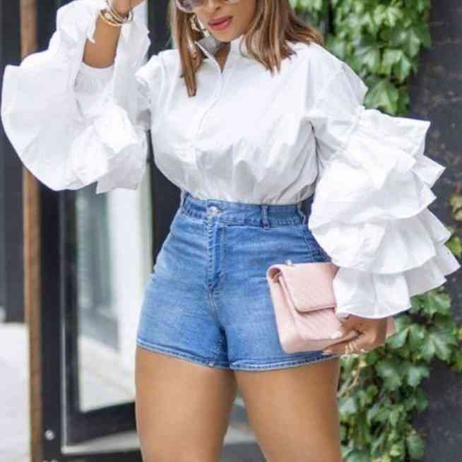 Women&#039;s Blouses & Shirts Women White Shirt Blouse Tops Long Ruffles Sleeves Casual Stylish Spring Fashion Elegant Office Ladies Wo