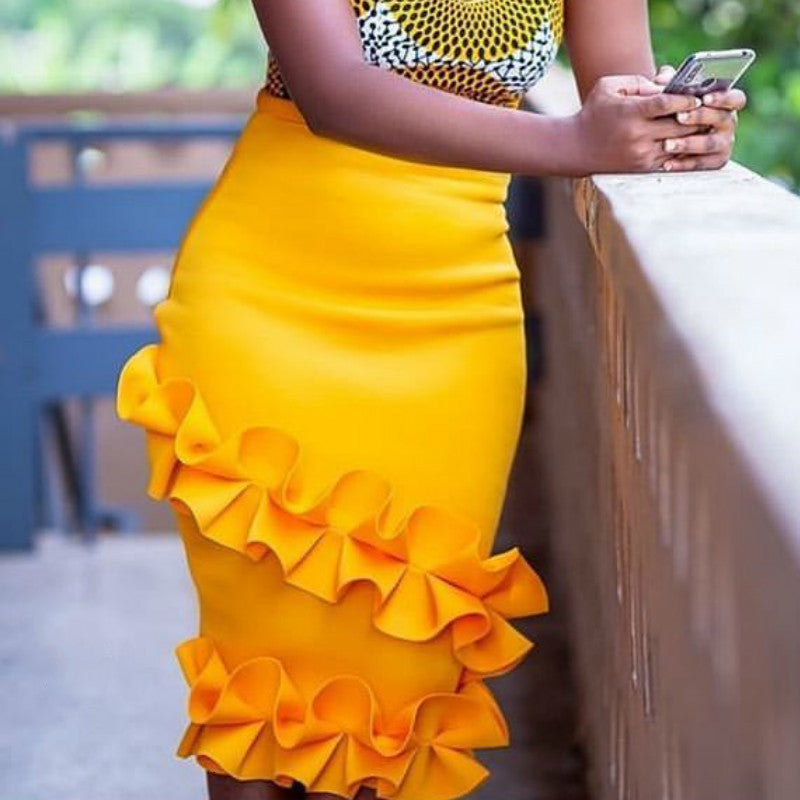 Skirts Women High Waist Ruffles Elastic Bodycon Pencil Party Fashion Spring Summer African Elegant Jupes Falads Saias Plus Size CX