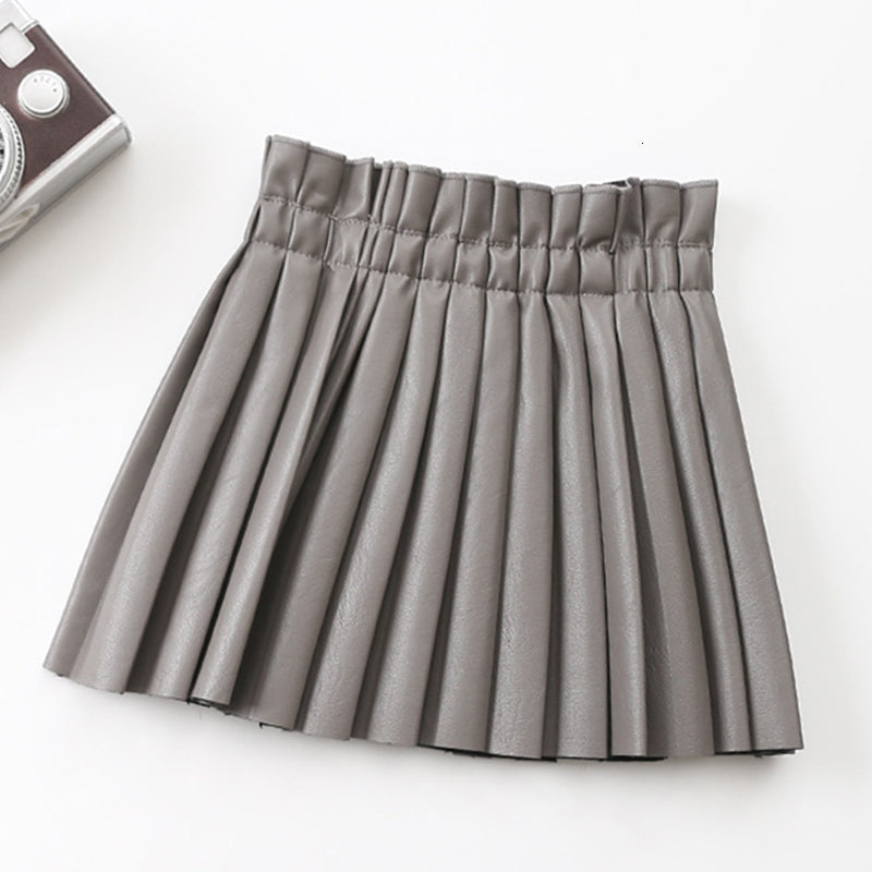 Skirts Girl Autumn Children Kids Pleated For 4-11Y Casual Solid Pu Leather S68P