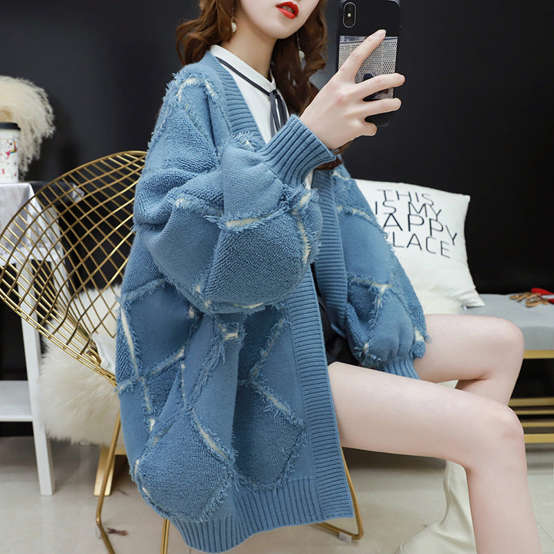 Women&#039;s Sweaters Red Knitted Sweater Women Student Tops Autumn Korean Fashion Plus size Loose Frayed Long sleeve Knitting Cardigan