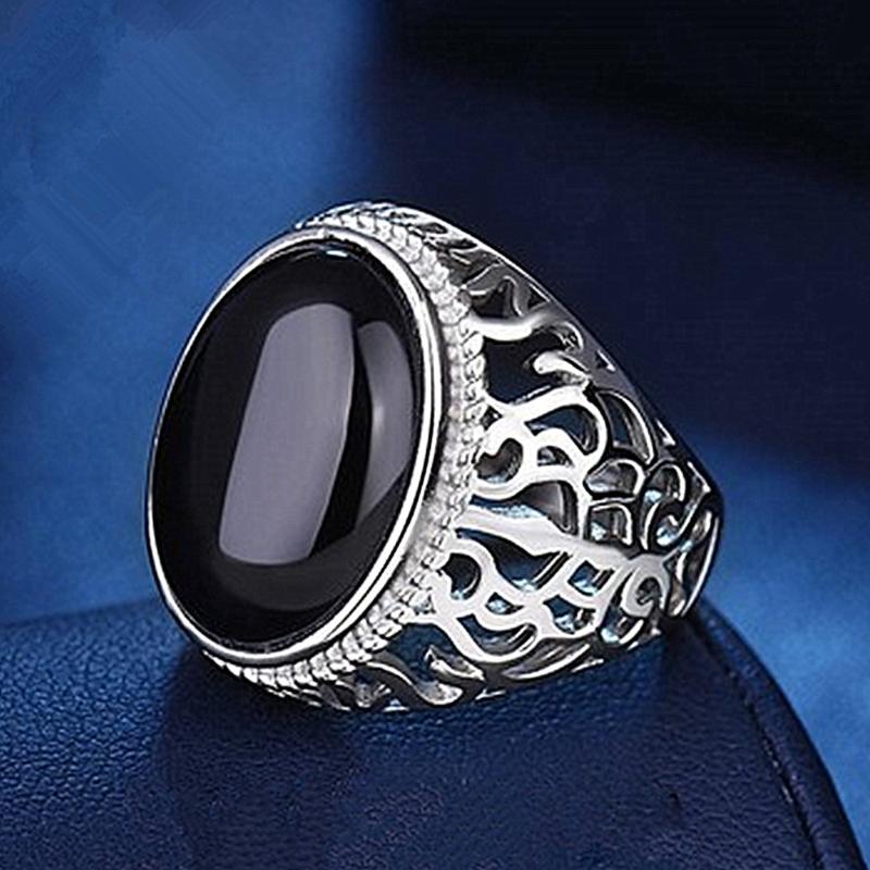 Cluster Rings Vintage Royal Carving Black Gemstones Agate Jade For Men White Gold Silver Color Bague Jewelry Fashion Accessories Gifts