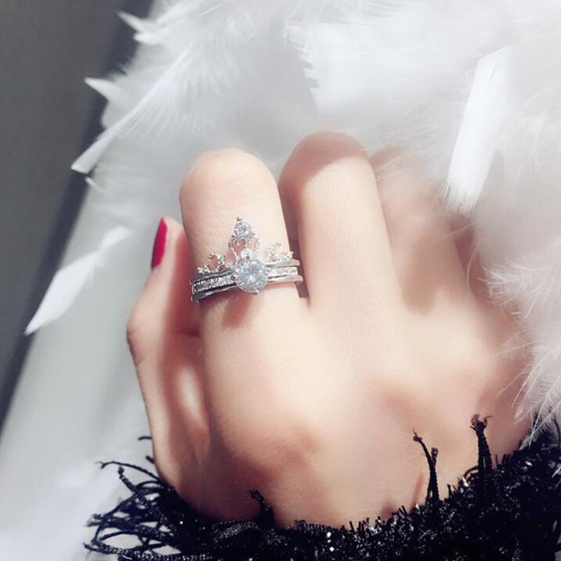 Wedding Rings 2pcs-set Crystal Crown Adjustable Finger For Women Luxury Zircon Rose Gold Open Ring Glamour Jewelry Girl Gift