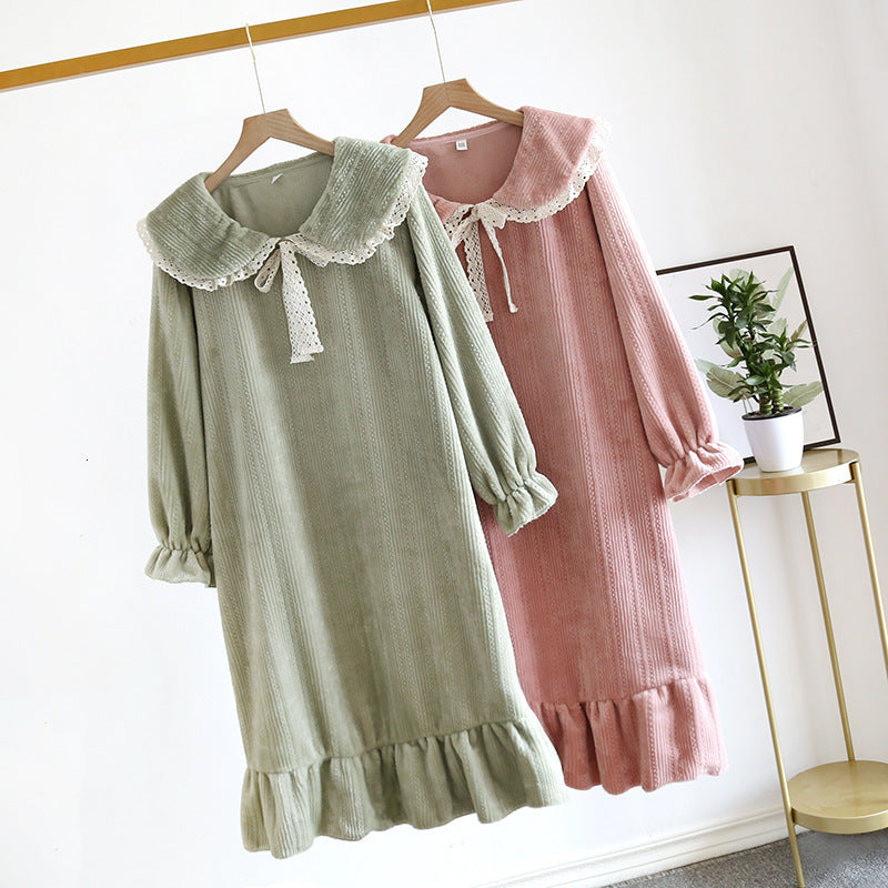 Women&#039;s Sleepwear Fashion Autumn Winter Night Home Clothes Long SleeveThicken Warm Pink-Green Flannel Nightgown For Women 99OO