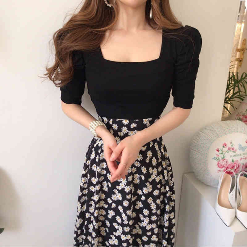 Two Piece Dress New Summer Women Skirts Suit Fashion Short Sleeve Knitted Sweater Tops + Elegant chrysanthemum Print Midi Long Ski