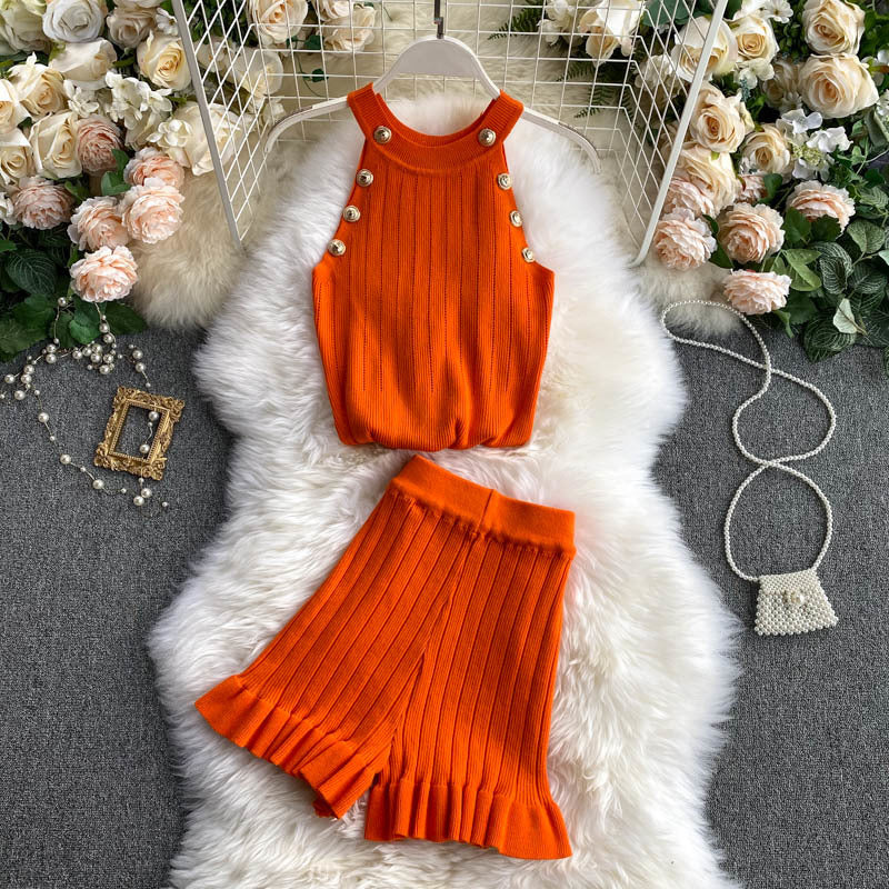 Women&#039;s Two Piece Pants 2021 Summer knitting Top + Shorts Women Lounge Wear Sets Popular Button Tank Short Clothes Set Clothing 2