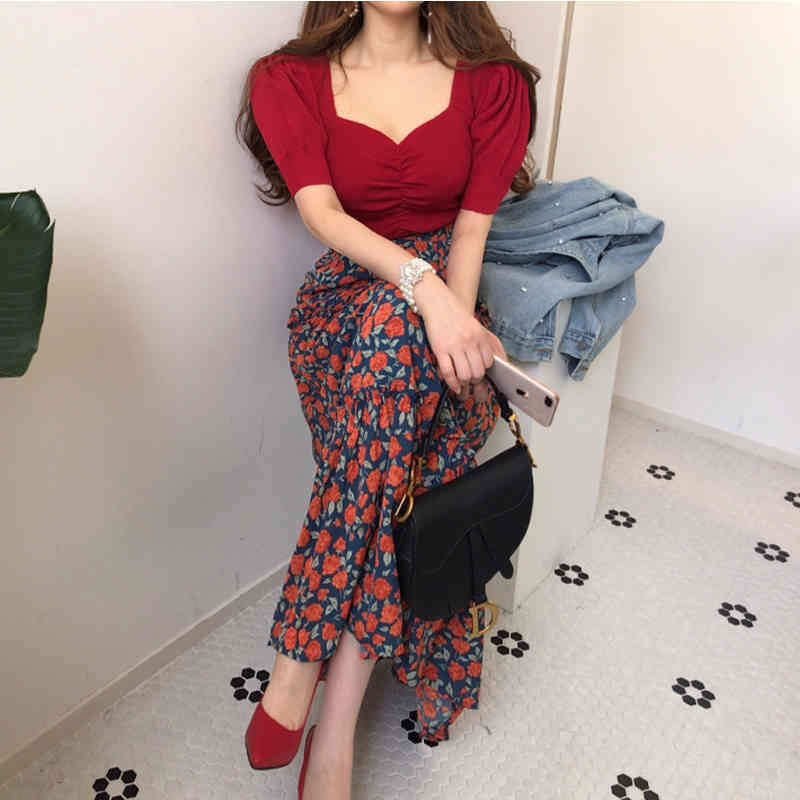 Two Piece Dress Summer Korean Chic V Neck Slim Knitted Blouse Puff Sleeve Top + Printed High Waist Skirts Long Temperament Fashion