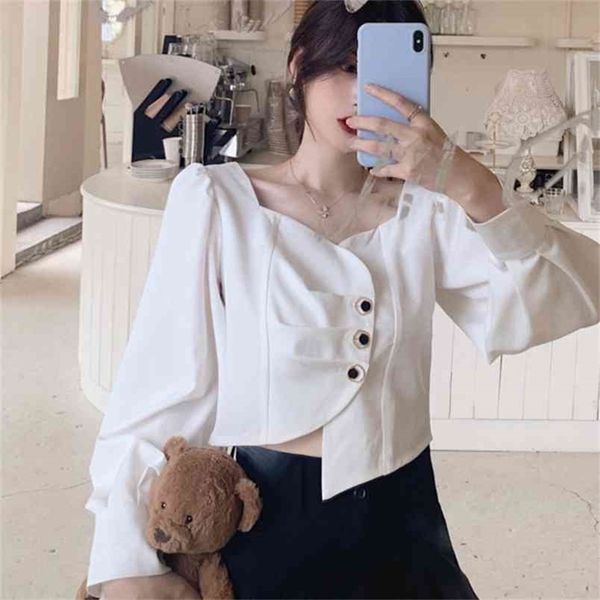 Women Shirts Korean OL Puff Sleeve Retro Elegant White Square Collar Chic Blusas Mujer Fashion Tops 210519