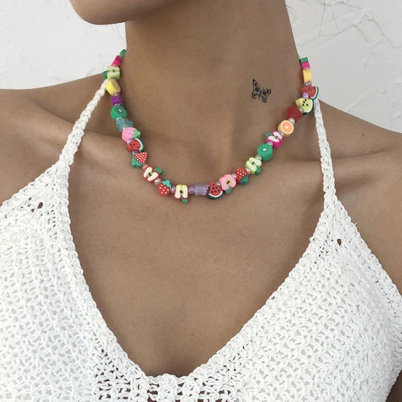 Chokers DIEZI Bohemian Ethnic Multicolor Random Resin Fruit Pendant Necklace For Women Girls Soft Clay Beads Choker Collares