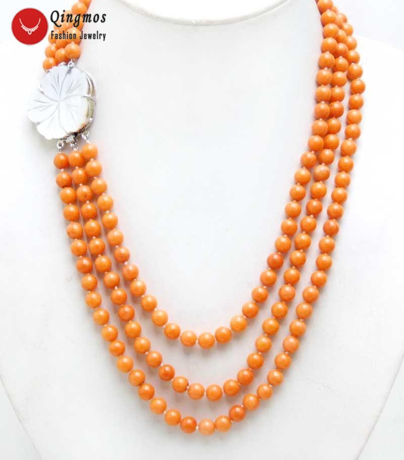 Chokers Qingmos Natural Coral Necklace For Women With 7-8mm Round Orange Jewelry 3 Strands 18-20&quot; N6314