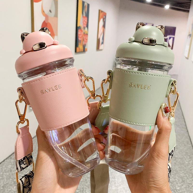 Mugs With Strap TRITAN Plastic Cup Fashion Ladies Portable Outdoor Student Water Straw Drinkware Cute Girl Gift C