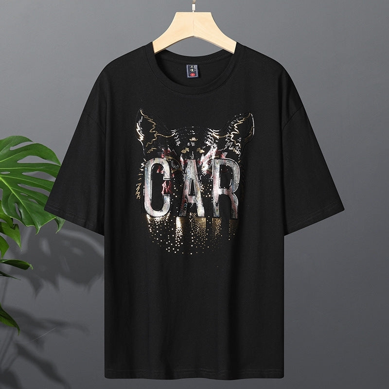 Street hip hop laser hot drill cotton short sleeve t-shirt men women&#039;s black white tide brand loose couple bottom shirt