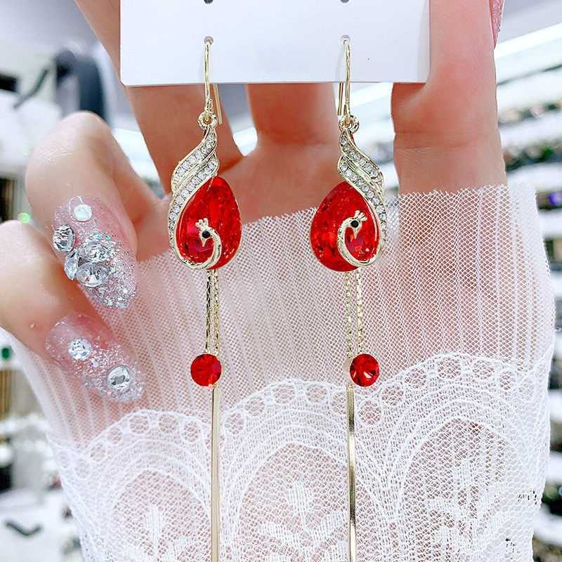 Hoop & Huggie Temperament Long Red Zircon Phoenix Mesh Blue Burst Peacock Earrings For Women Fashion Wedding Holiday Party High Jewelry Gift