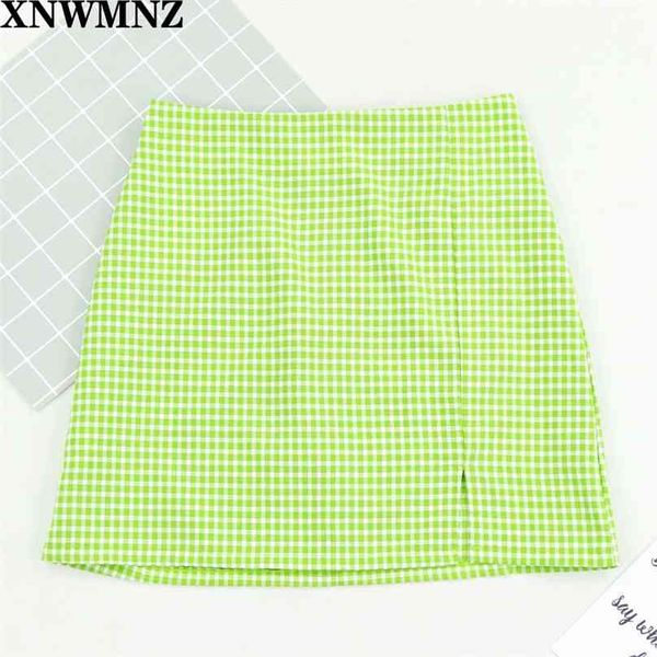 Green Plaid Side Slit Bodycon Mini Skirt Women Bottoms summer Streetwear Casual A Line Basic Ladies Sheath Skirts 210520
