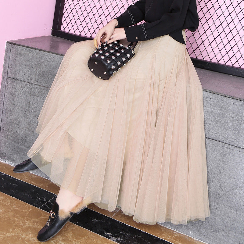 Skirts Sweet loose net yarn skirt spring autumn women&#039;s mid-length pleated slim a-line long jupe femme PYAZ
