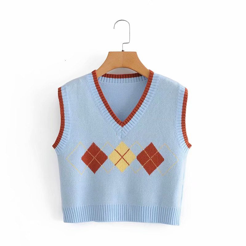 Women&#039;s Sweaters Streetwear Women Rhombus Plaid Tanks 2021 Fashion Ladies V-Neck Knitted Vests Causal Female Chic Pullovers 4MQJ