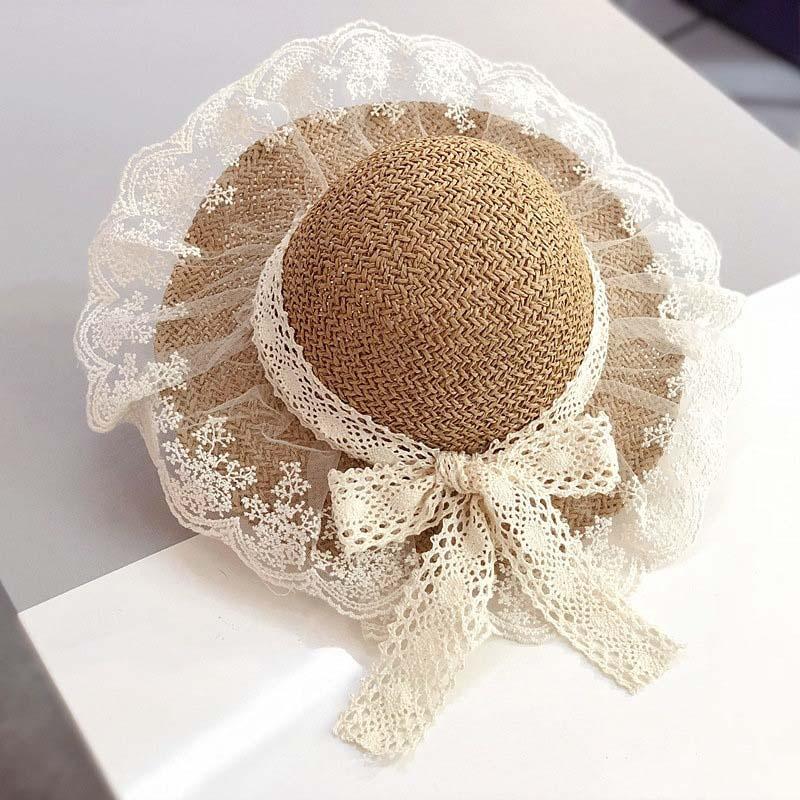 Wide Brim Hats 2021 Fashion Summer Lace Flowers Cap Kids Girl Breathable Straw Hat Elegant Sun Lovely Infant Baby Bonnet Beach